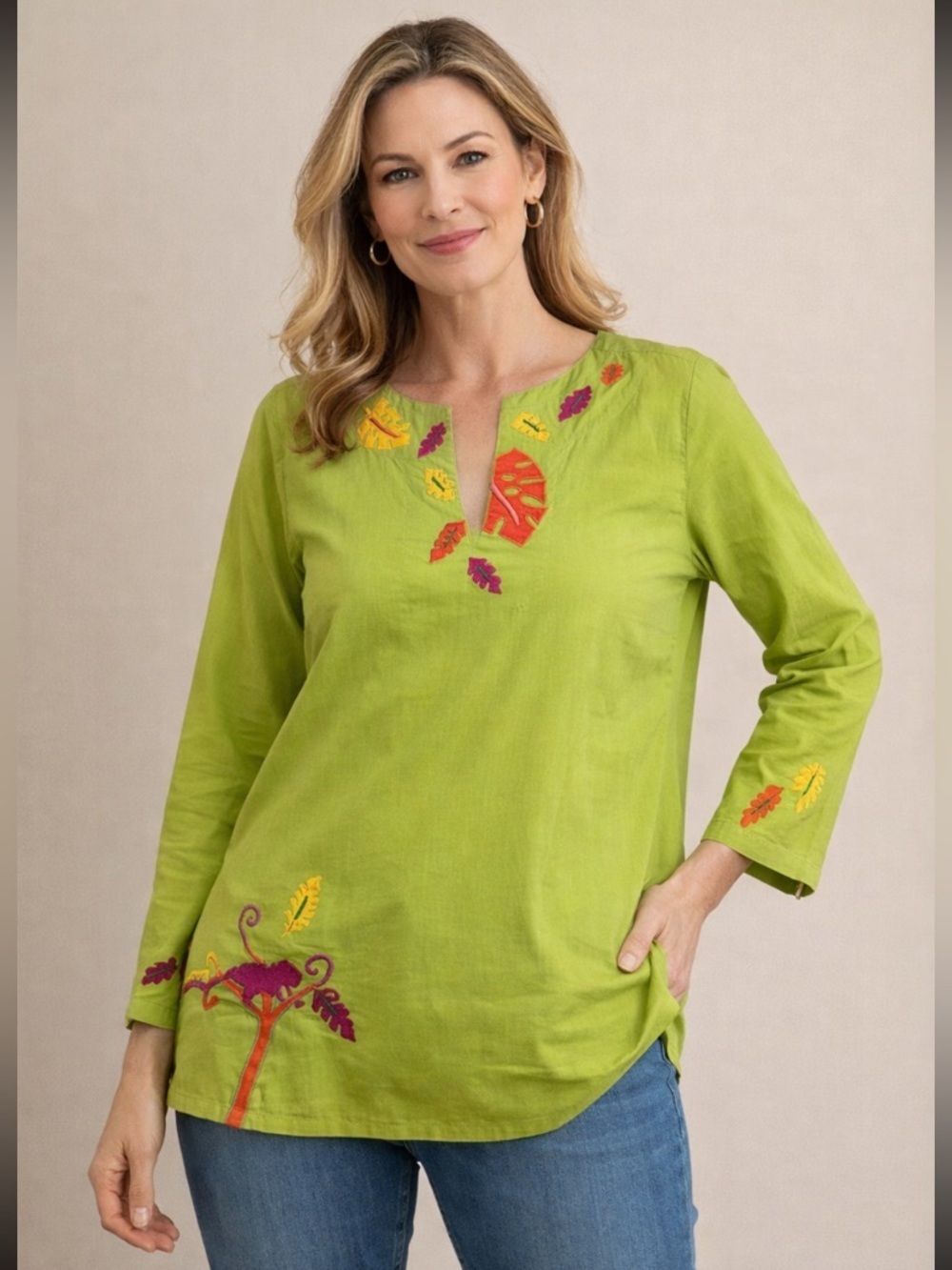 Michael Simon XL Lime Embroidered Chameleon Top NWT